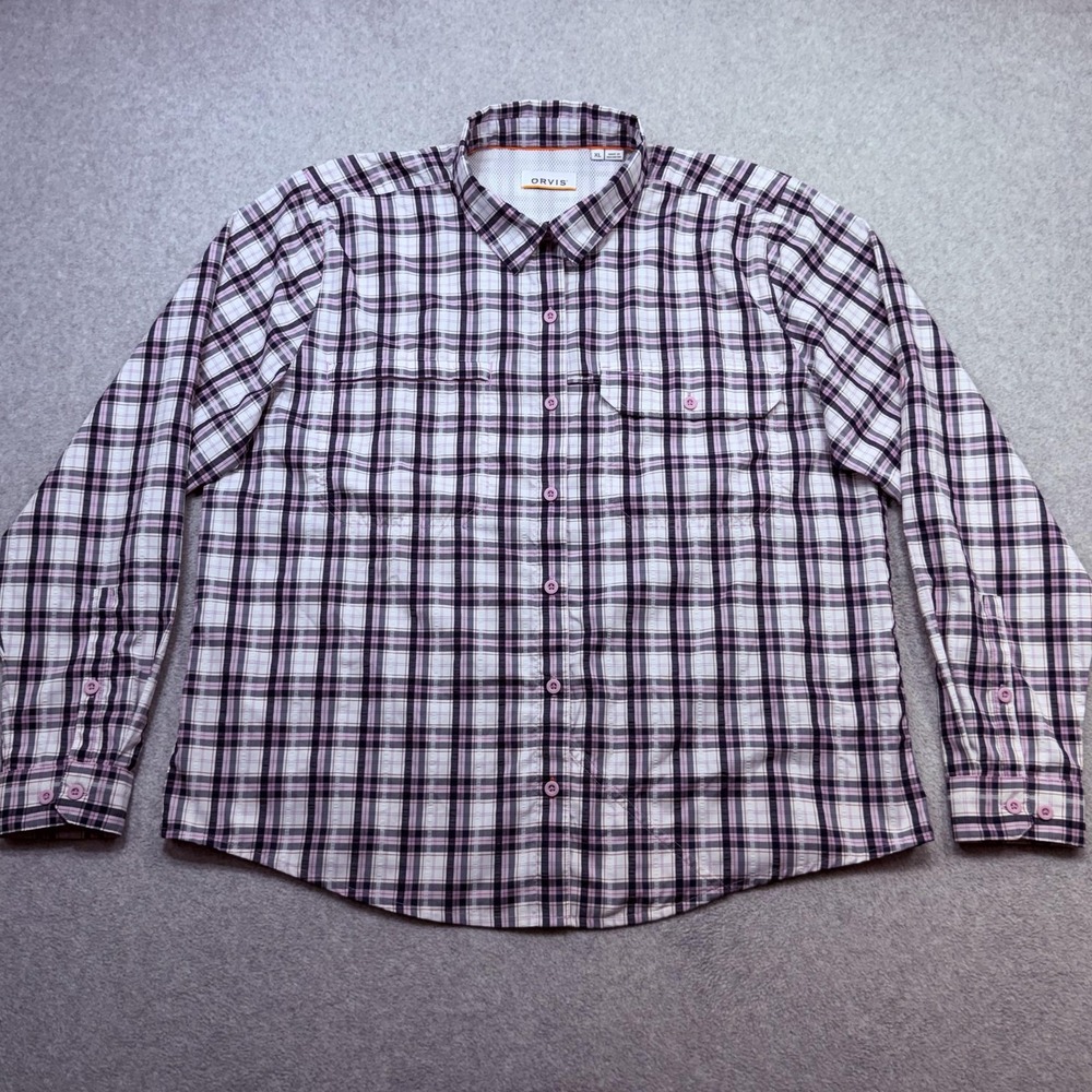 Orvis Shirt Women XL Blue Purple Plaid Long Sleeve Button Front Vented Fishing
